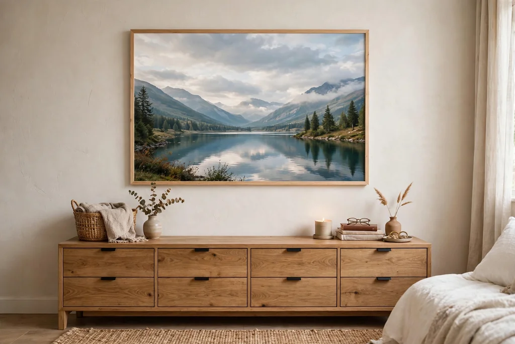 One large calm landscape print in a simple frame hanging above a bedroom dresser.