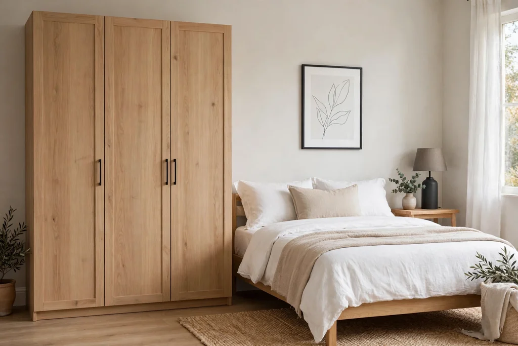 A bedroom wardrobe with closed plain doors beside a neatly made bed.