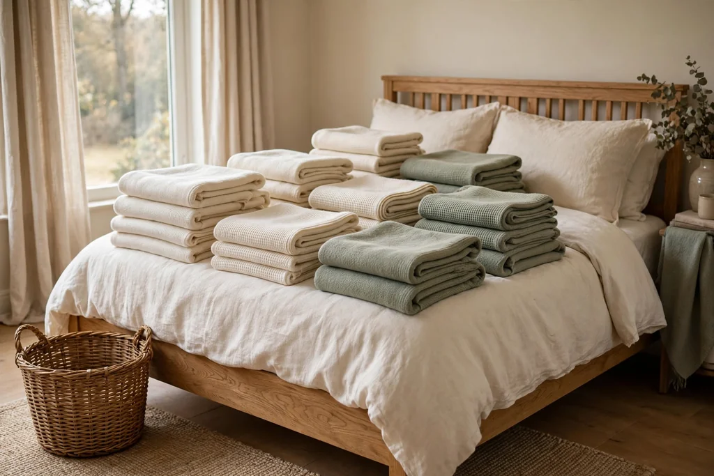 A woven basket beside a bed filled with neatly folded throws in cream and sage.