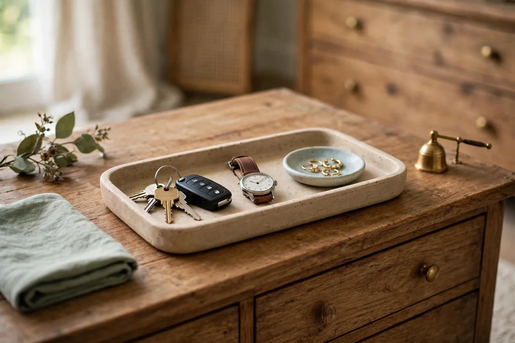 A bedroom dresser top with a shallow tray holding keys, a watch, and a small dish.