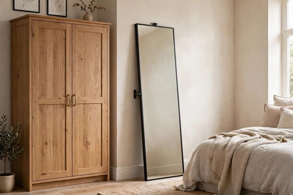 A tall floor mirror leaning against a bedroom wall near a wardrobe, secured with a wall bracket.