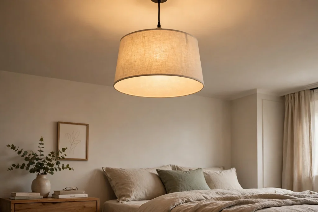 A bedroom ceiling light with a simple fabric shade giving soft warm light.