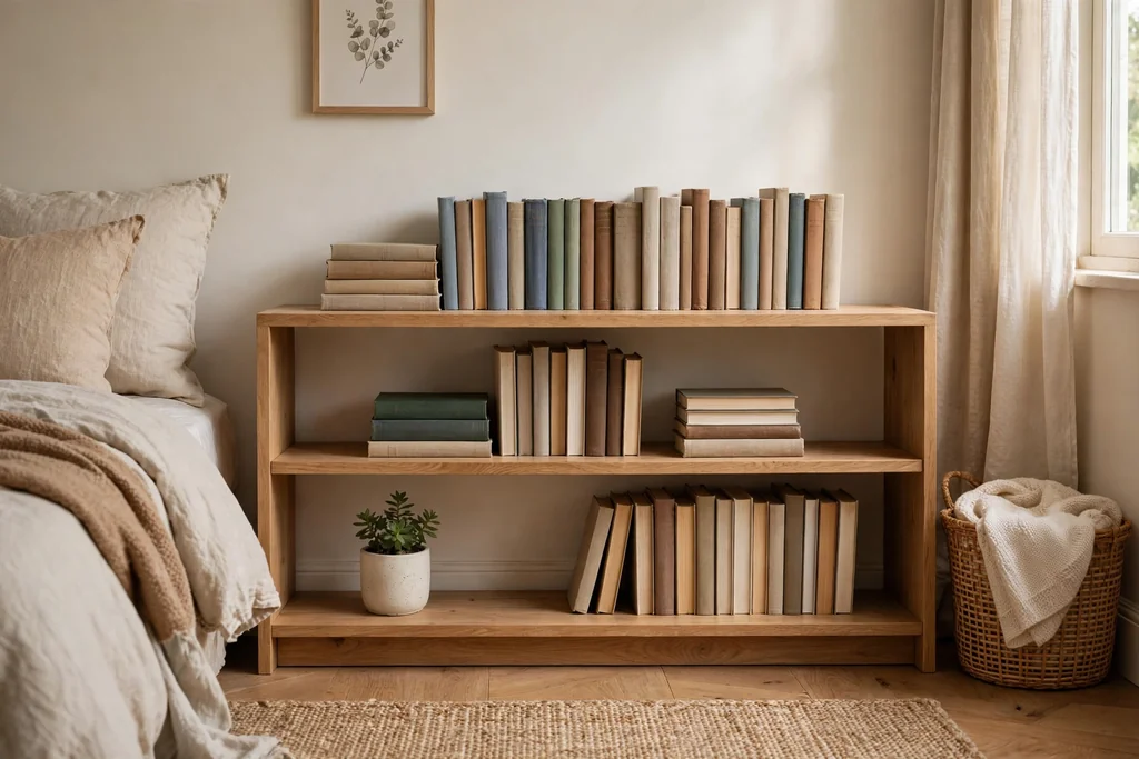 A low wooden bookcase in a bedroom with neatly grouped books and one small plant.