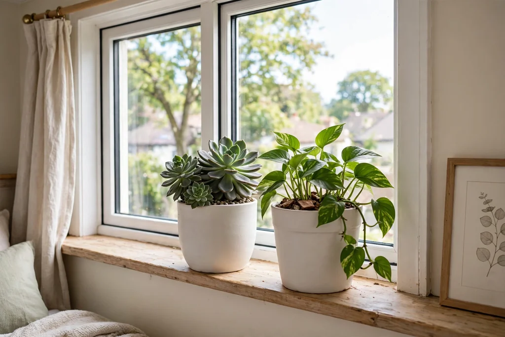 Two potted plants in plain ceramic pots on a bright bedroom windowsill.
