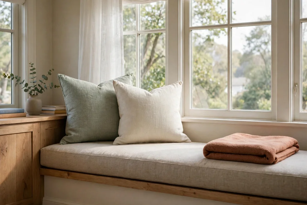 A bedroom window seat with a firm cushion, two pillows, and a folded throw in soft daylight.