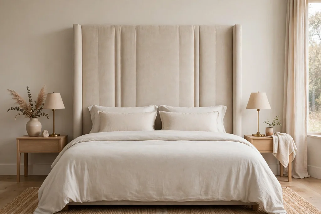 A tall upholstered headboard in soft beige fabric behind a neatly made bed with pale bedding.