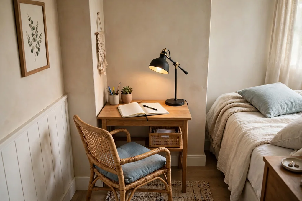 A small desk nook in a bedroom corner with a chair, a lamp, and a notebook on the desk.
