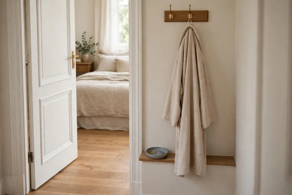 A clear spot just inside a bedroom door with a robe hook, a small dish, and a clear floor area.