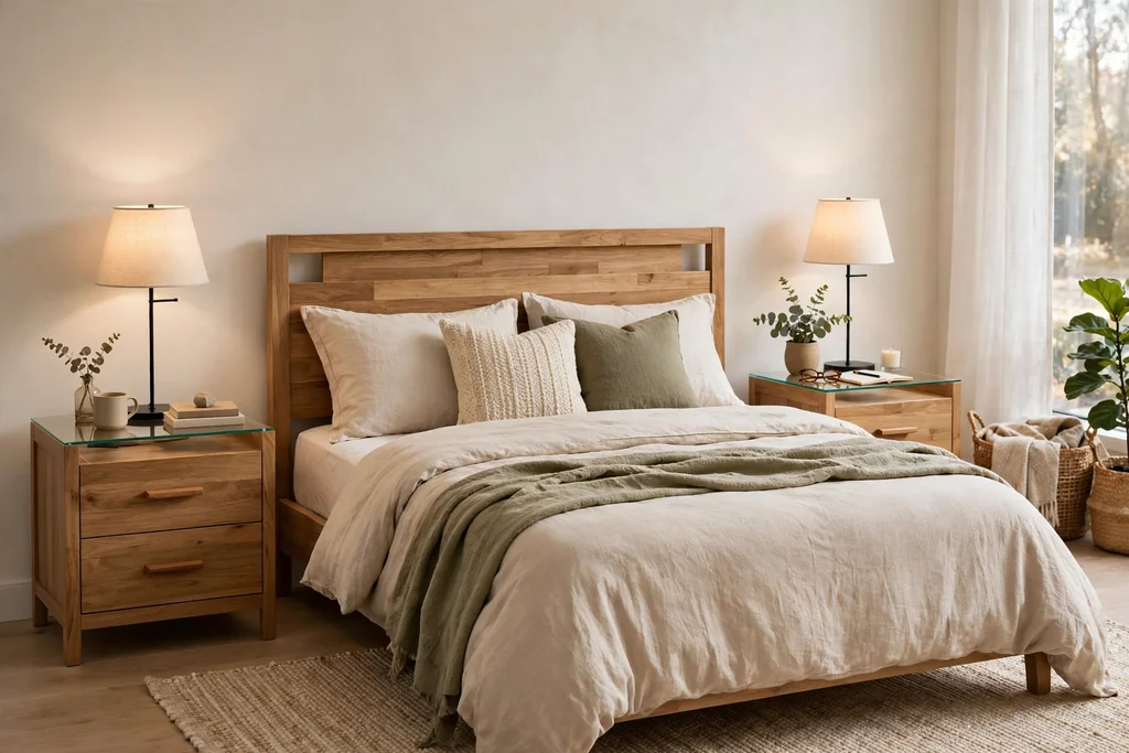 A bed with matched wooden nightstands on both sides, each with a clear top and one lamp.