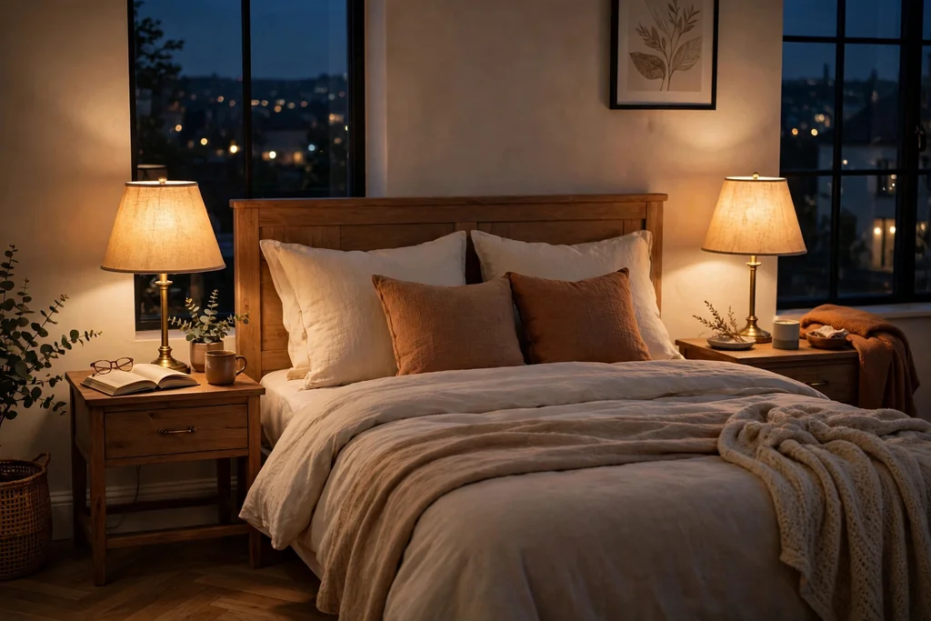 Two warm bedside lamps with fabric shades glowing softly on nightstands beside a bed in the evening.