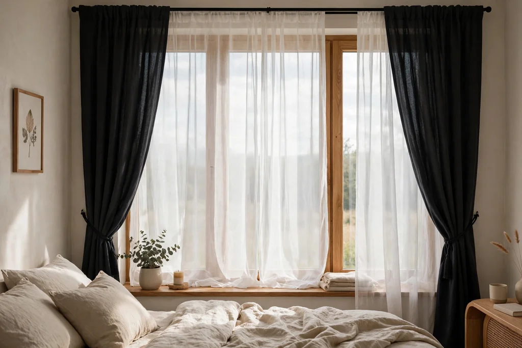 A bedroom window with sheer white curtains and darker blackout panels, in soft daylight.