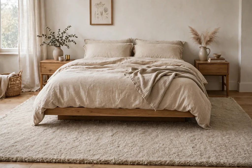 A large soft neutral rug under a bed, extending past both sides and the foot of the bed.