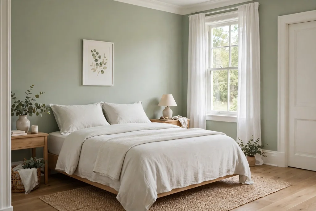 A bedroom with soft sage walls, white trim, a neatly made bed, and pale bedding.