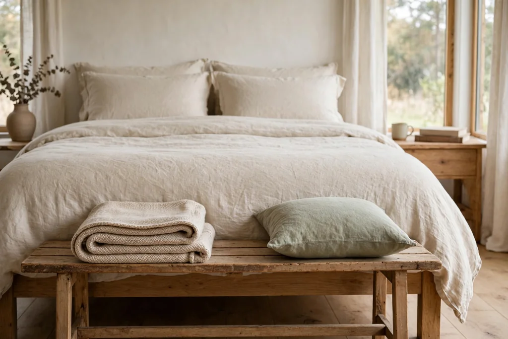 A simple wooden bench at the foot of a bed, with a folded throw and a cushion.