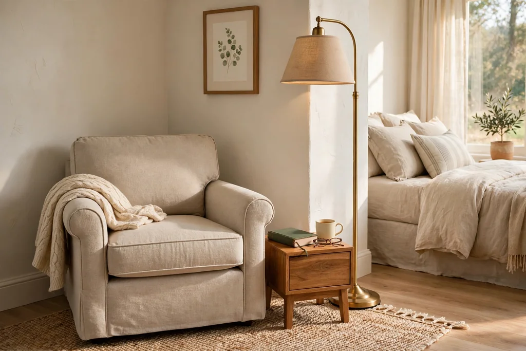 A comfortable armchair in a bedroom corner with a floor lamp and a small side table with a book.