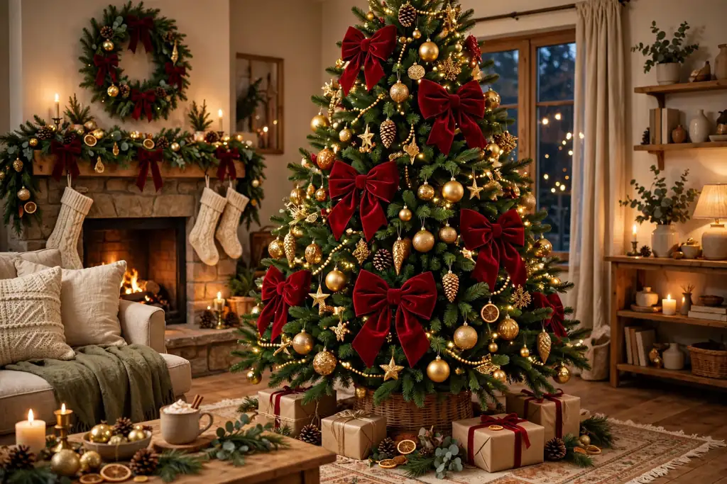 Christmas tree with large red velvet bows tucked deep into green branches with gold ornaments.