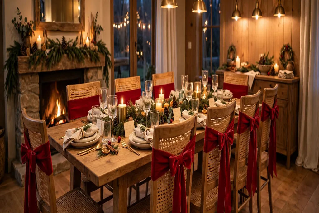 Dining chairs with wide red ribbon sashes tied in bows around each chair back.