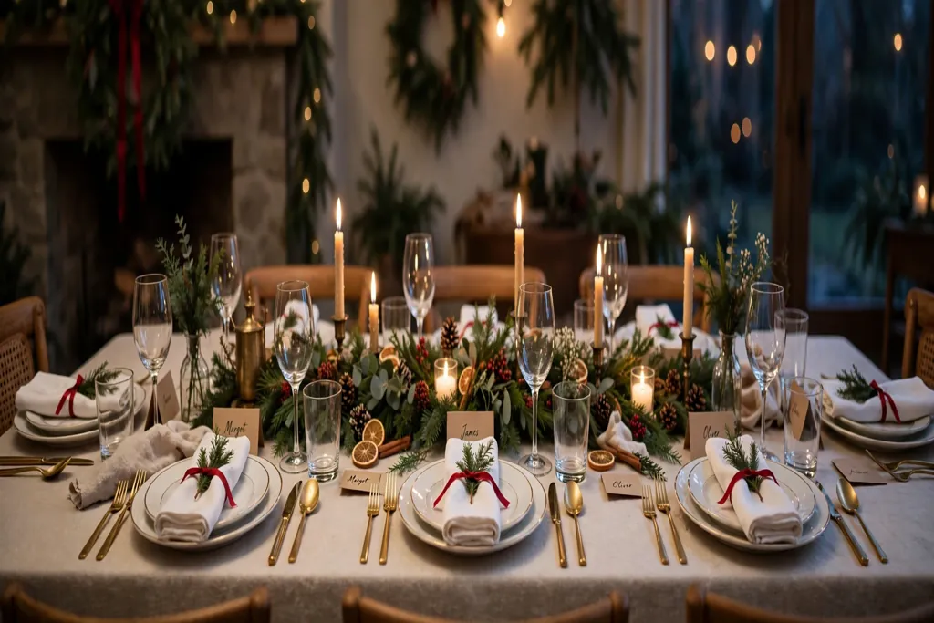 Holiday table setting with folded white napkins tied with narrow red ribbon and greenery sprigs.