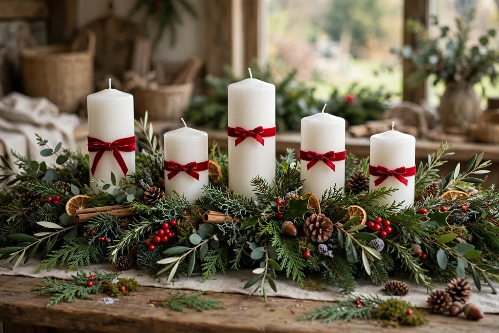 White pillar candles wrapped with red ribbon bands and small bows on a table with greenery.