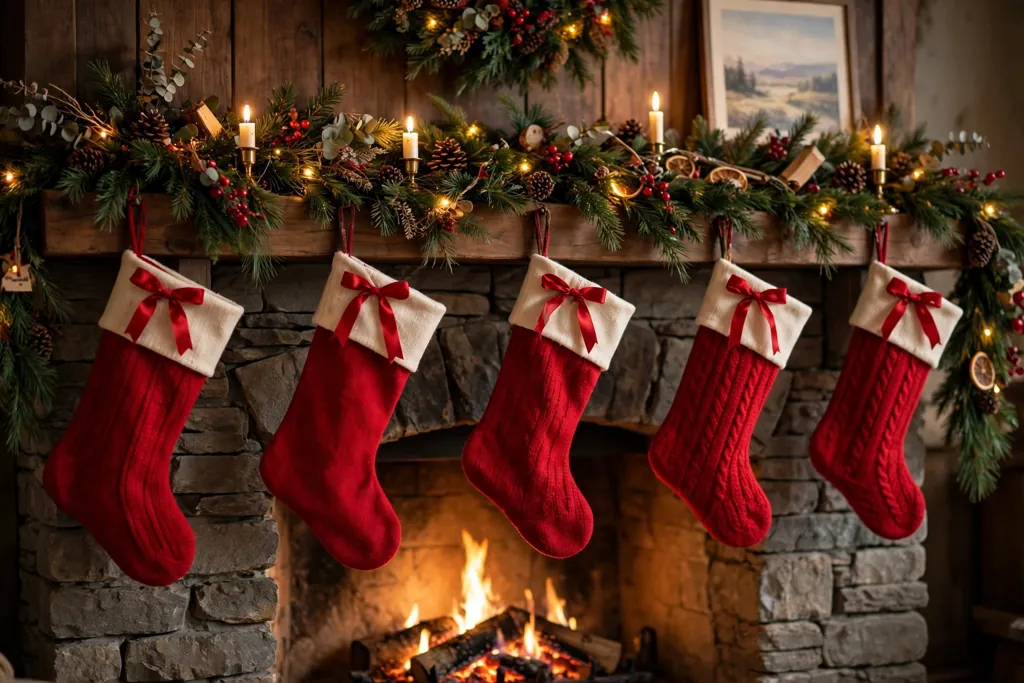 Christmas stockings on a mantel with red ribbon bows tied at each cuff.