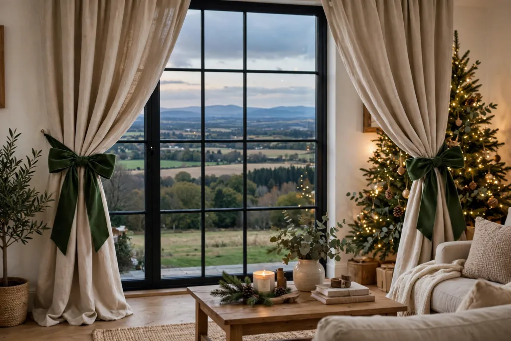 Living room window with curtains pulled back and tied with wide green ribbon bows.