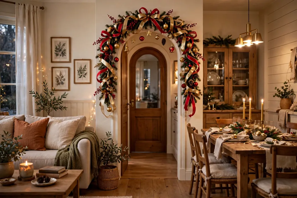 Doorway topped with a garland of red and gold ribbon loops and small ornaments.