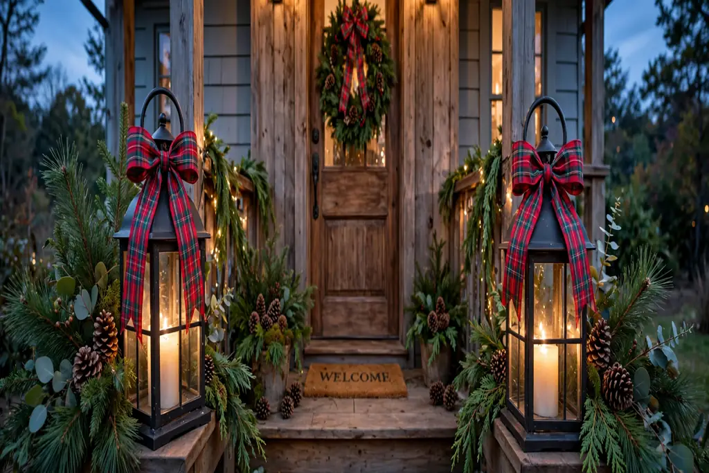 Front porch lanterns wrapped with plaid ribbon bows beside greenery and pinecones.