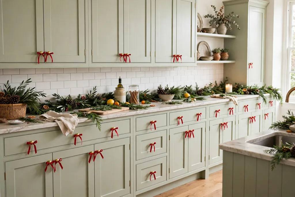 Kitchen cabinet knobs with small red ribbon bows tied on each knob.