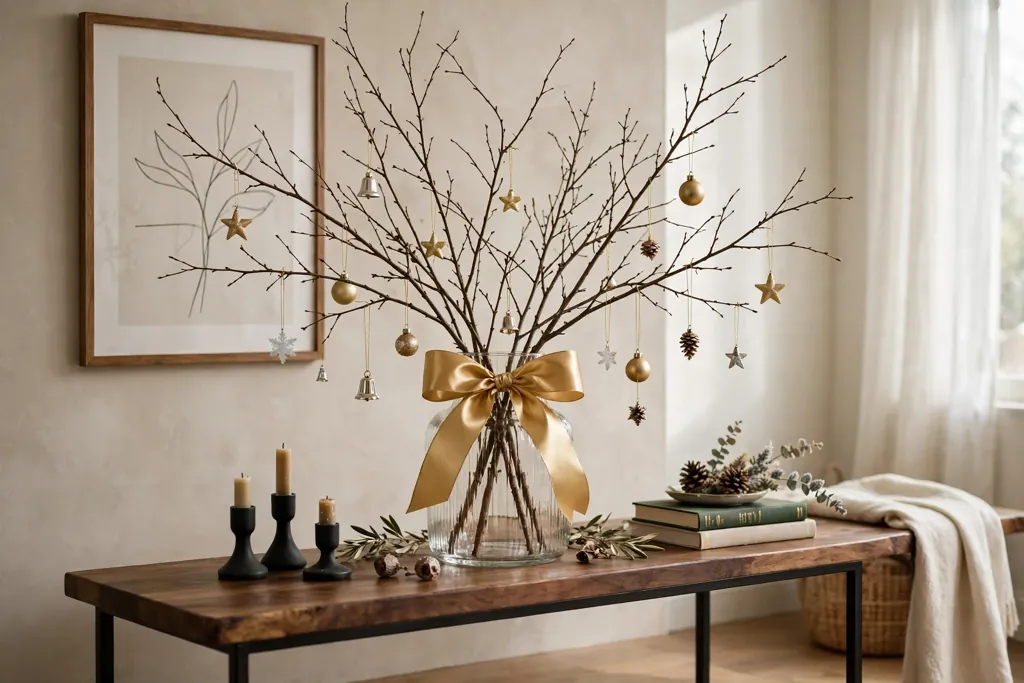 Glass vase of bare branches tied with a wide gold ribbon bow with small hanging ornaments.