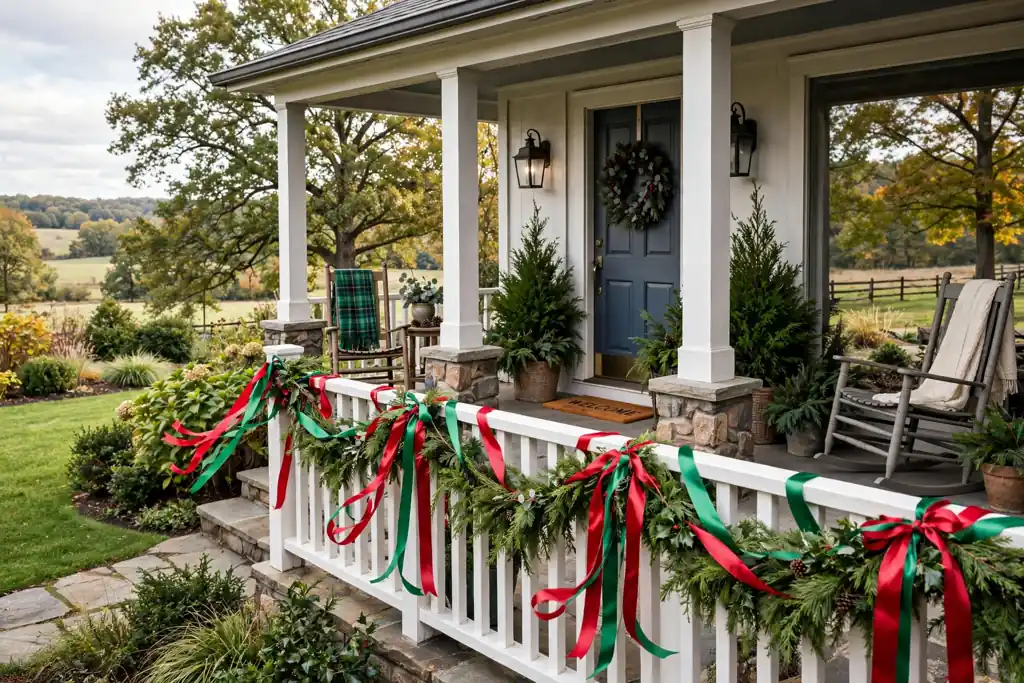 Covered porch rail with red and green ribbon streamers tied along the rail.