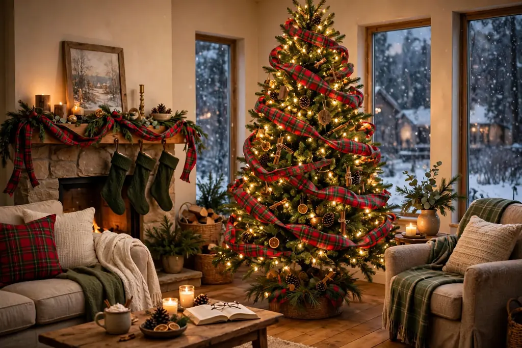 Christmas tree wrapped in loose swags of wide red and green plaid ribbon with warm lights.