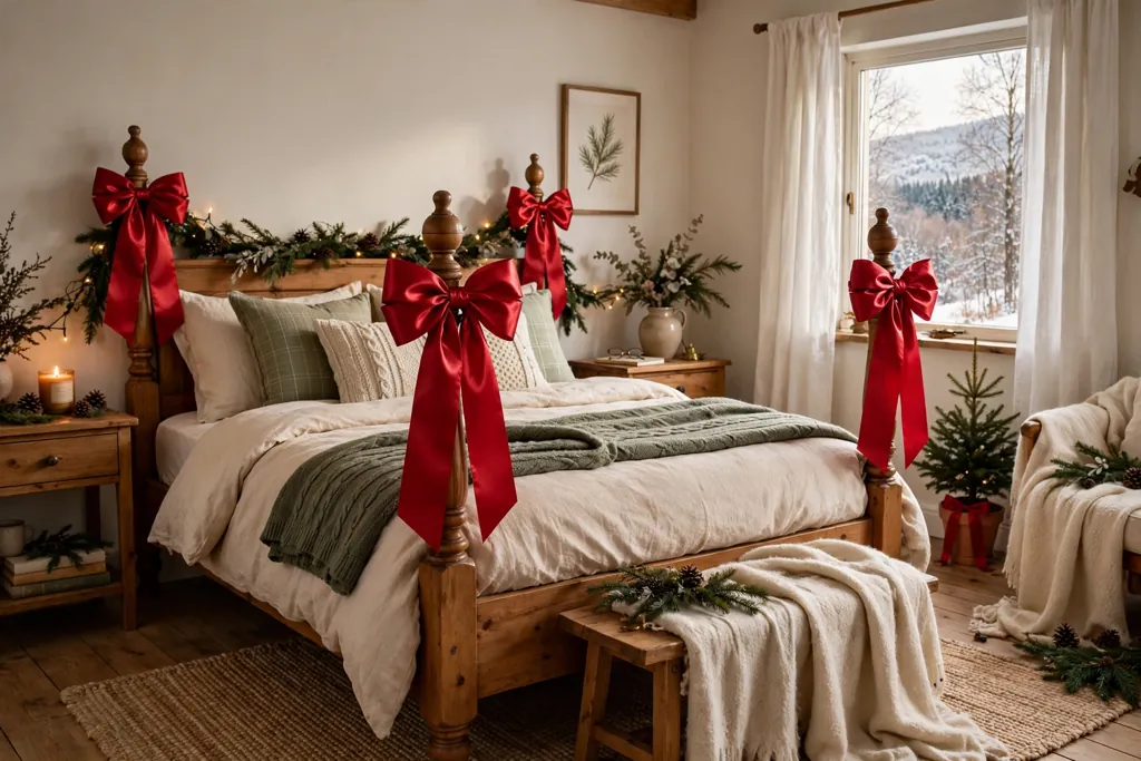 Bedroom bed with wide red satin ribbon bows tied on the wooden bedposts.