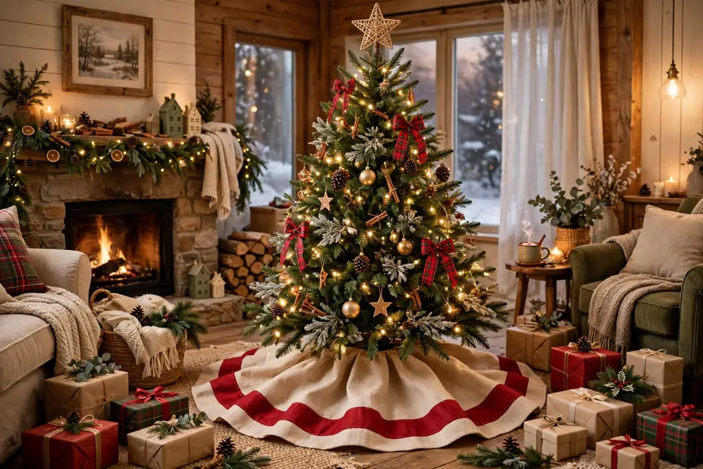 Christmas tree skirt with a wide red ribbon band sewn around its hem under a decorated tree.