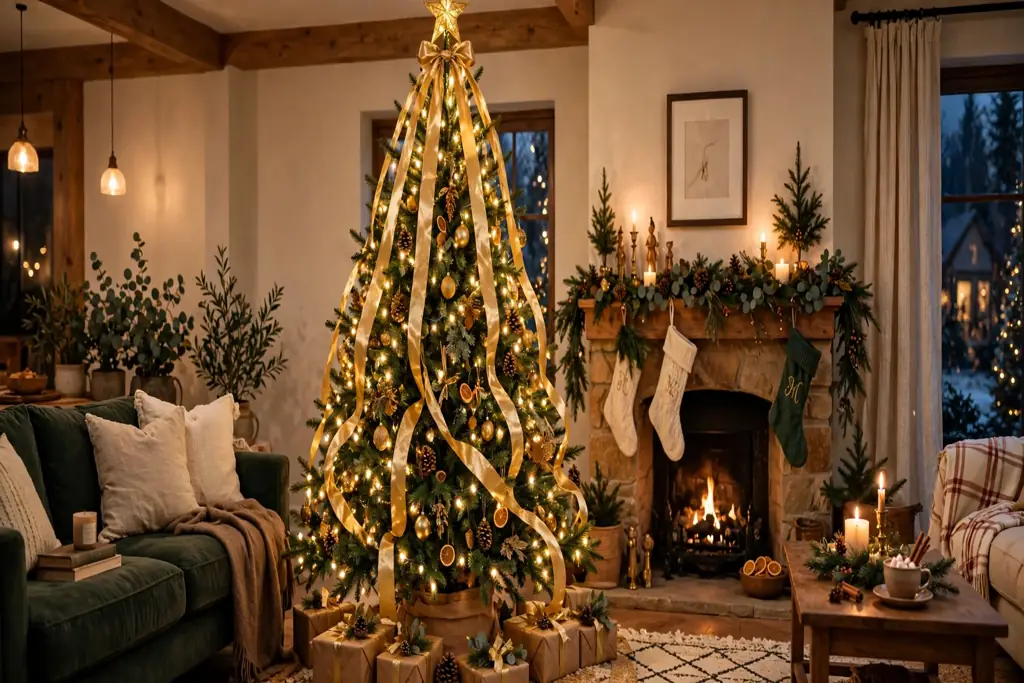Christmas tree with long gold ribbon lengths cascading from the topper down through the branches.