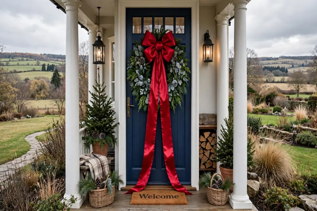 Green wreath on a front door with a large red satin bow and long tails.