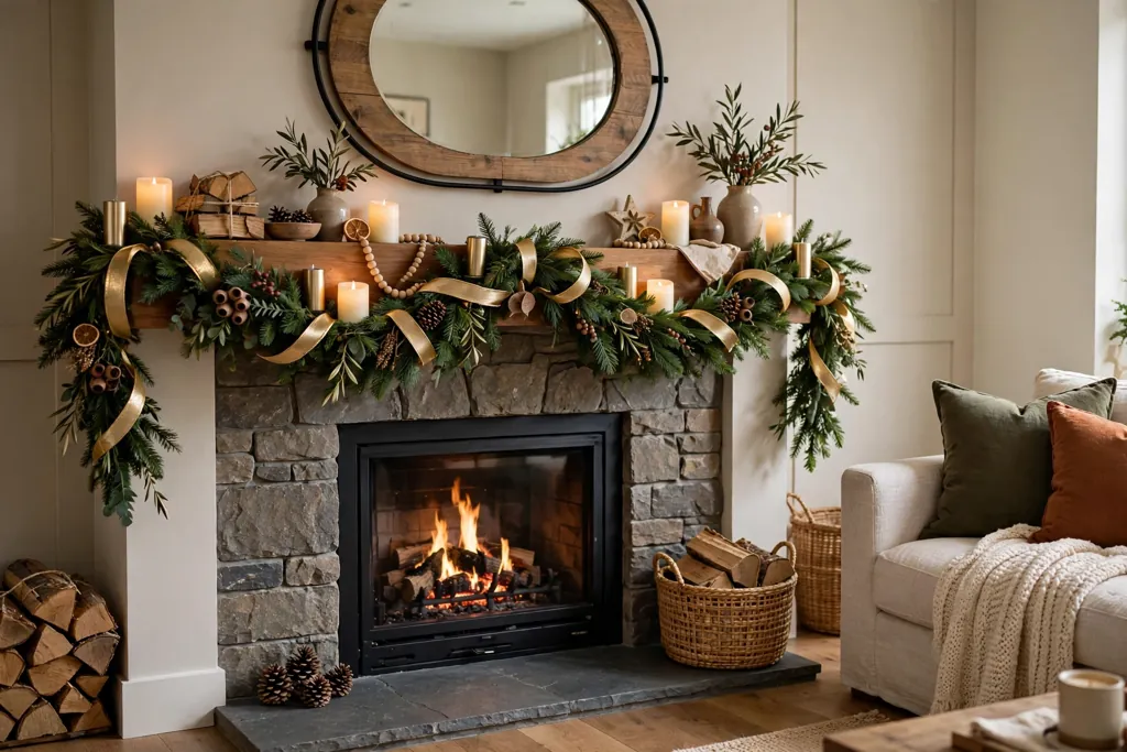 Living room mantel with green garland woven through with gold ribbon loops and battery candles.