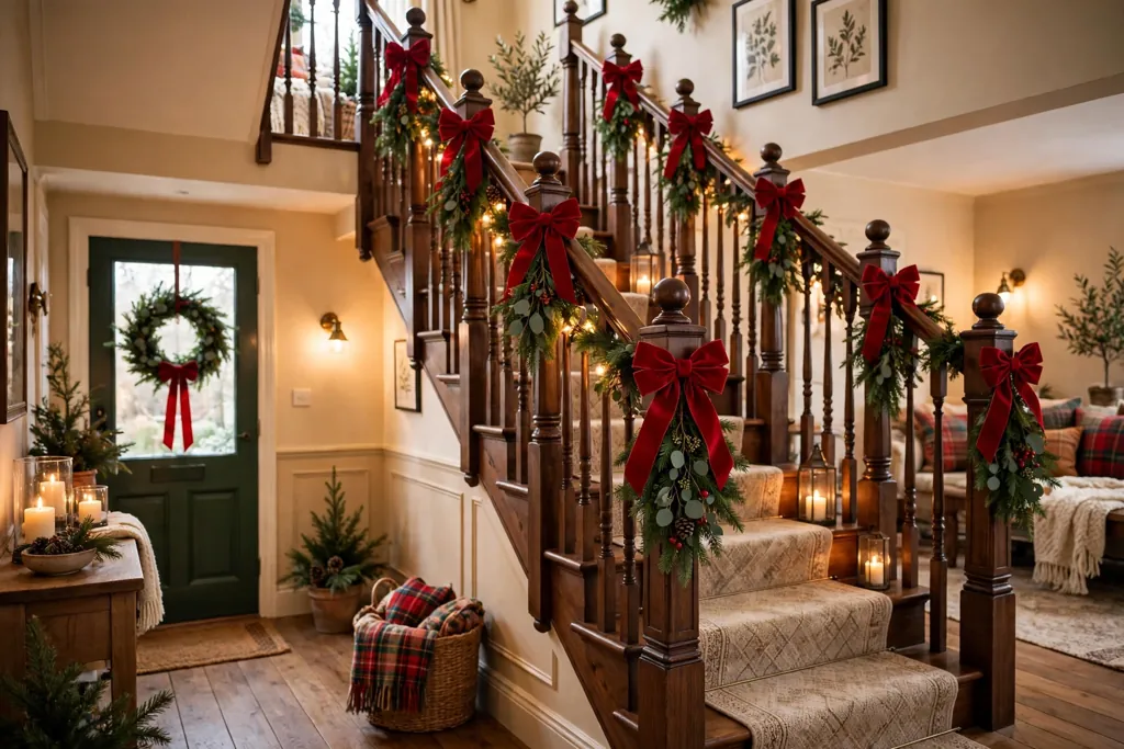 Staircase banister with matching red ribbon bows and small greenery bunches at each post.