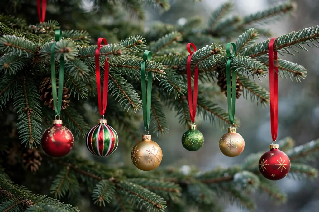 Christmas tree ornaments hanging by short red and green ribbon loops at different lengths.