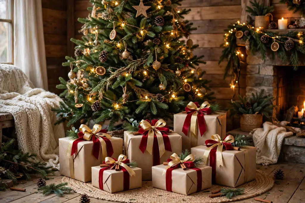 Gifts wrapped in plain kraft paper with layered red and gold ribbon bows under a tree.