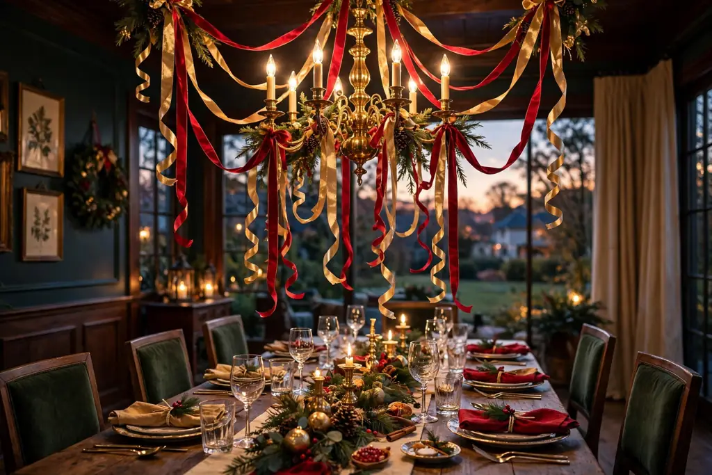 Dining room chandelier with red and gold ribbon streamers hanging above a set table.
