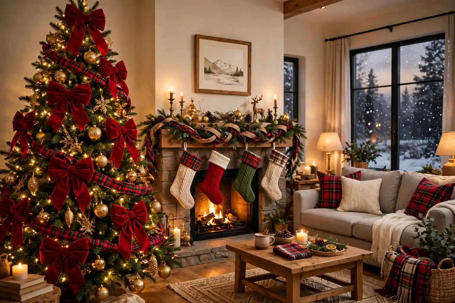 Living room Christmas tree dressed with large red velvet bows, plaid ribbon garland, and gold ornaments beside a mantel with ribbon woven garland.