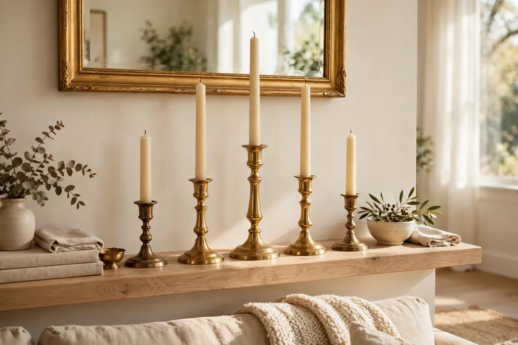 Brass candlesticks in a row on a mantel with cream taper candles.