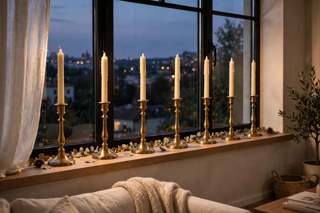 Row of candlesticks along a wide window ledge with cream taper candles.