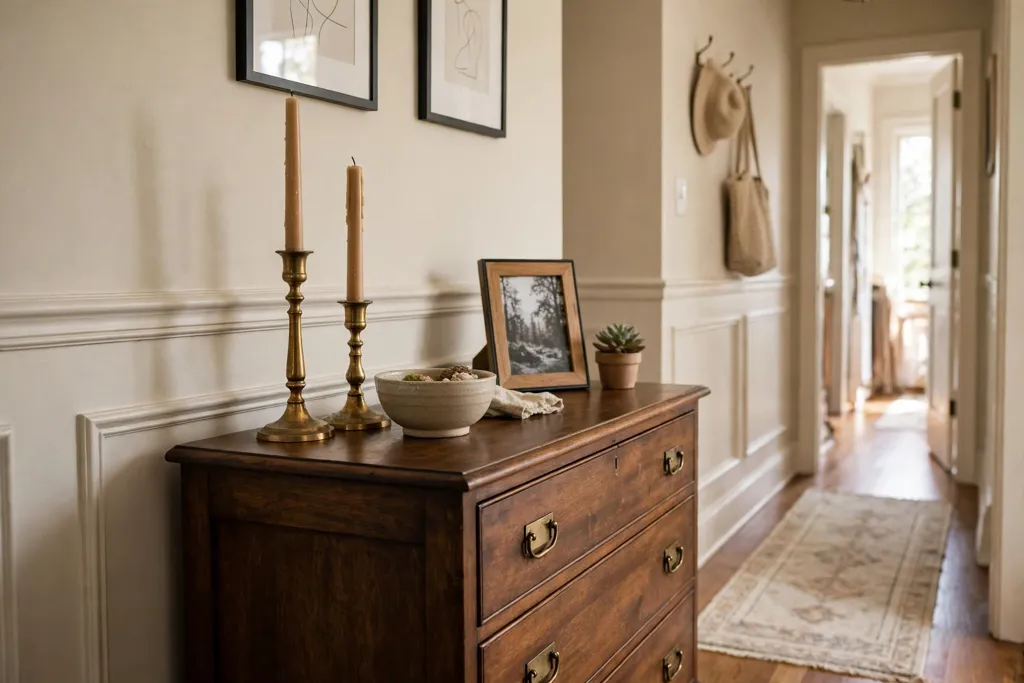 Two candlesticks on a hallway chest beside a small bowl.