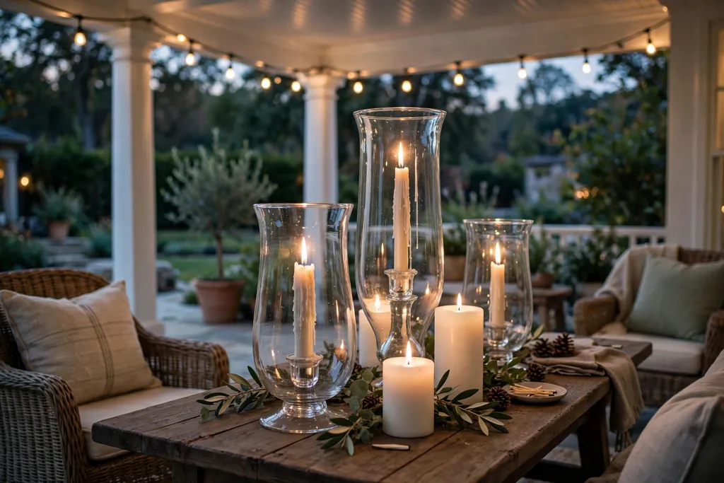 Candlesticks inside hurricane glass holders on a covered porch table.