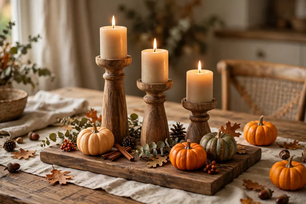 Wood candlesticks on a wood tray with small pumpkins and pillar candles.