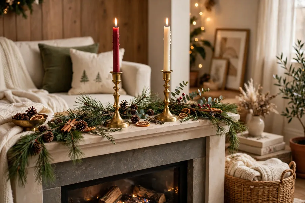 Brass candlesticks with red and cream tapers and pine sprigs on a mantel.