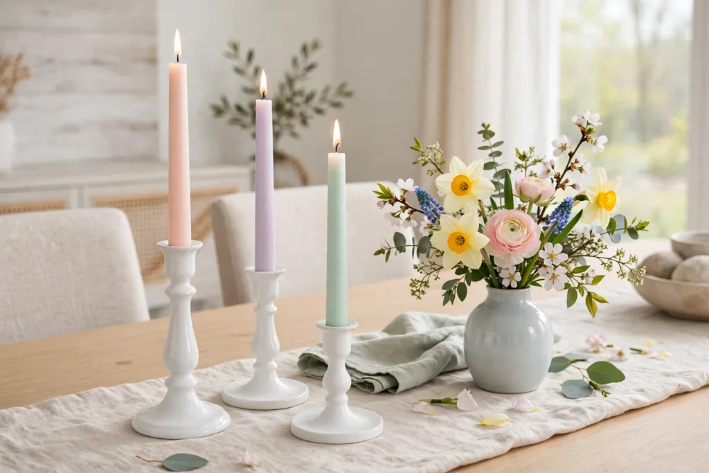 White candlesticks with pastel tapers and a small vase of fresh flowers.