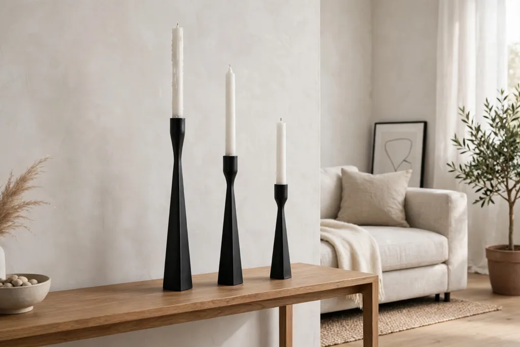 Black metal candlesticks of different heights with white tapers on a console.