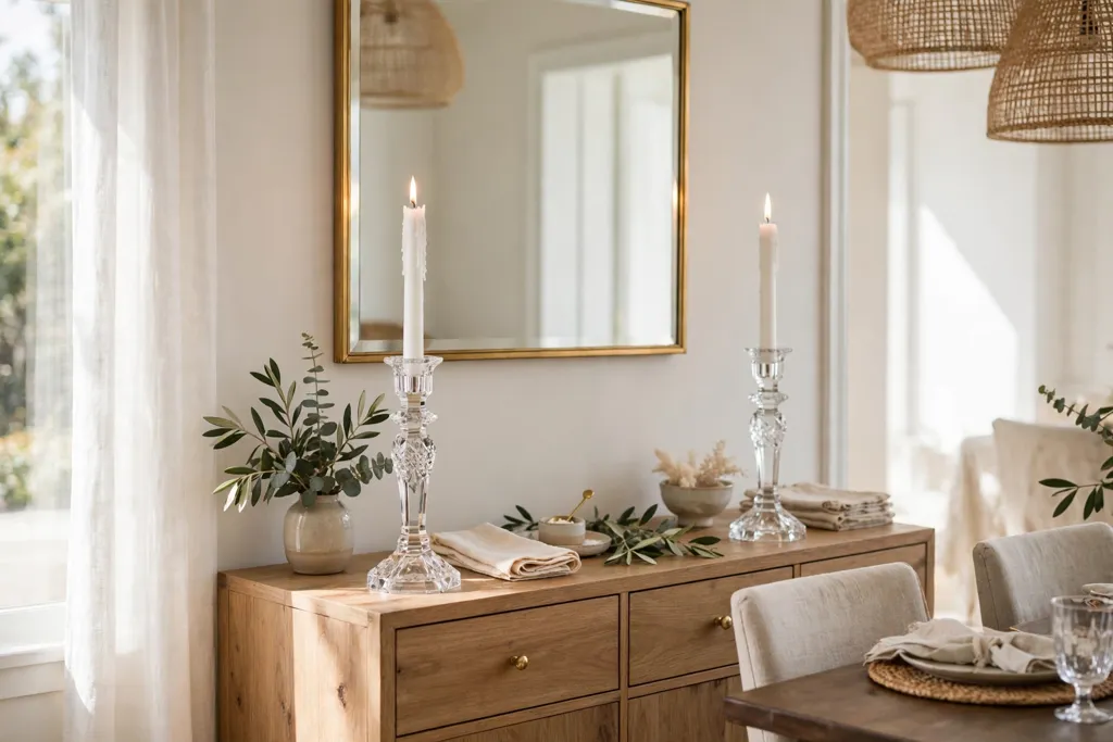 Crystal candlesticks with white tapers on a sideboard in a bright dining room.